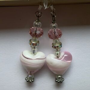 🟣Brand New SS Lampwork Glass Heart Dangling/Drop Earrings, Handmade Pink & White